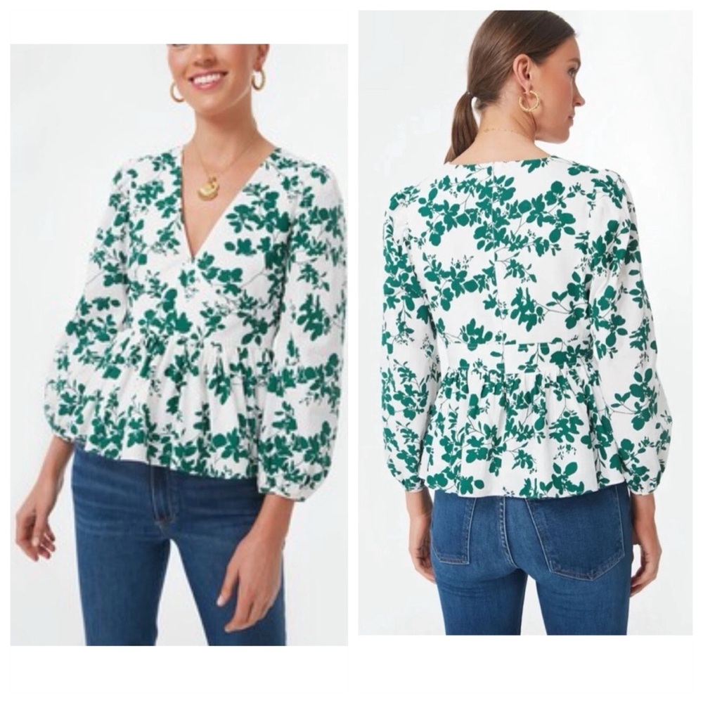 Hyacinth House Green & White floral V-neck Blouse Medium